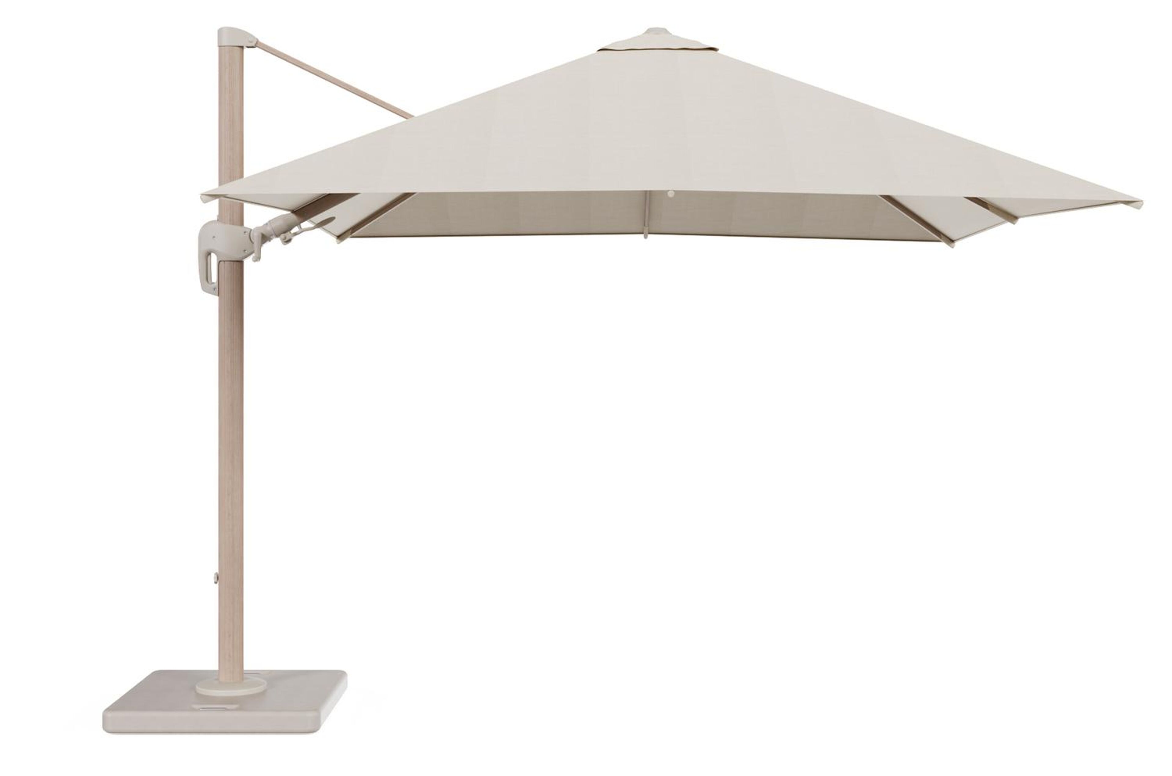 Rufina zweefparasol met tiltfunctie in aluminium houtlook en Sunbrella Premium beige - L1 300 x L2 300 cm met parasolvoet met parasolvoet Lapido 120 kg