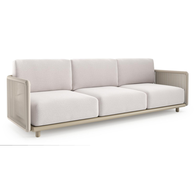 Organo loungebank in beige aluminium en beige verticaal geweven luxe vlakke rope met ego eggshell all weather Solica kussen