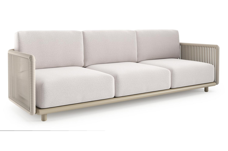 Organo loungebank in beige aluminium en beige verticaal geweven luxe vlakke rope met ego eggshell all weather Solica kussen