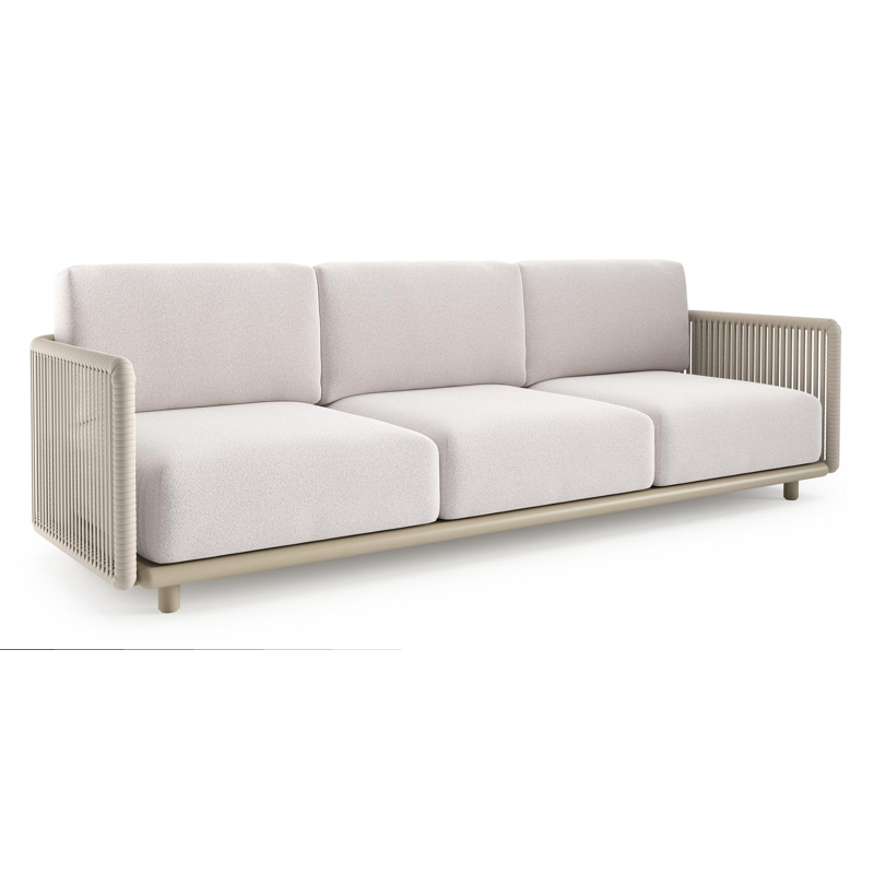 Organo loungebank in beige aluminium en beige verticaal geweven luxe vlakke rope met ego eggshell all weather Solica kussen