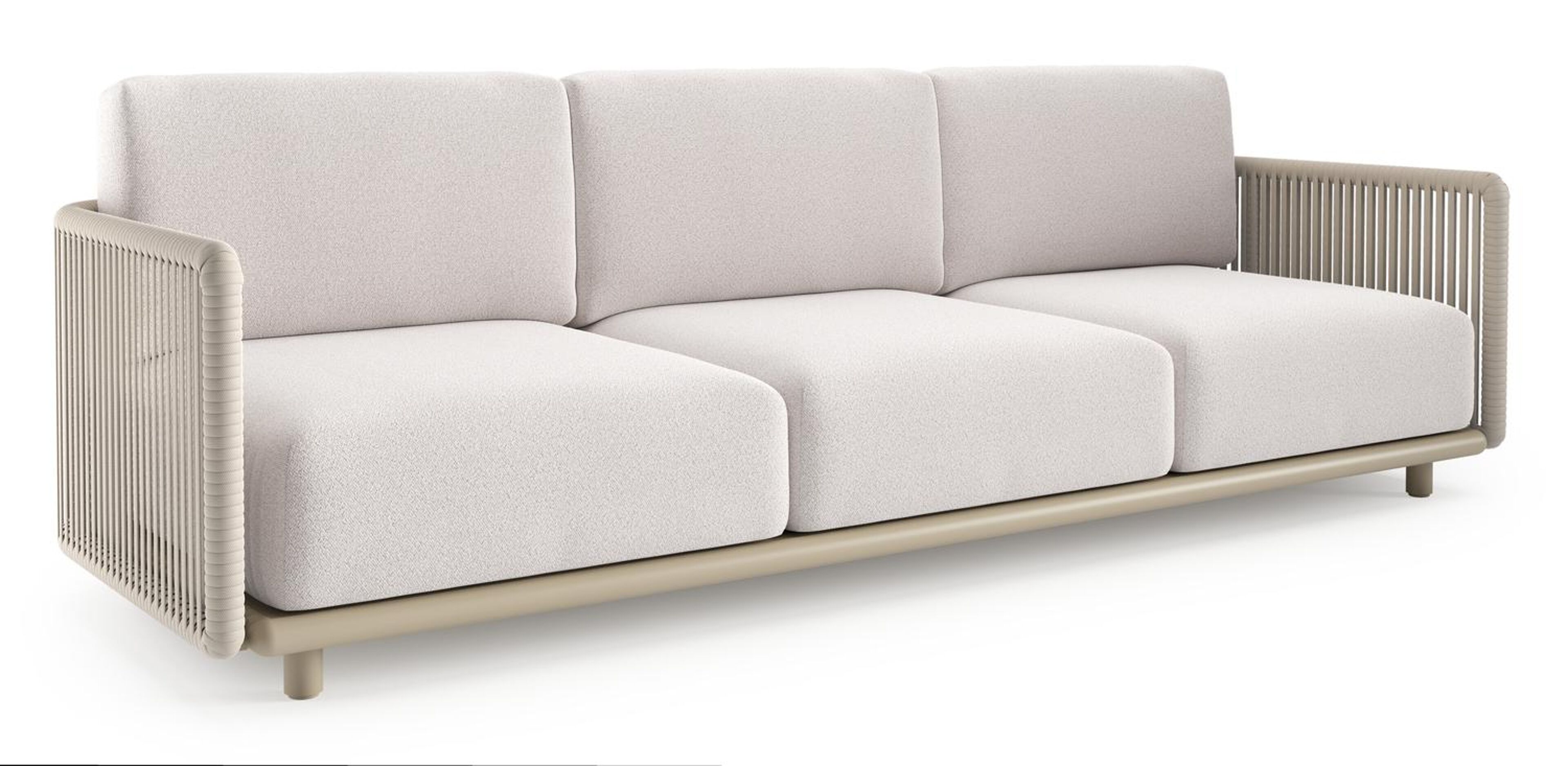 Organo loungebank in beige aluminium en beige verticaal geweven luxe vlakke rope met ego eggshell all weather Solica kussen