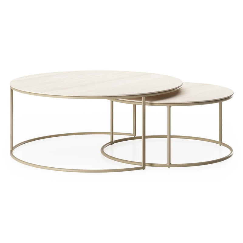 Ensemble de 2 tables d'appoint Fano ronde en aluminium beige et céramique pleine Travertino Bianco - Diam. 85 x Haut. 35 cm