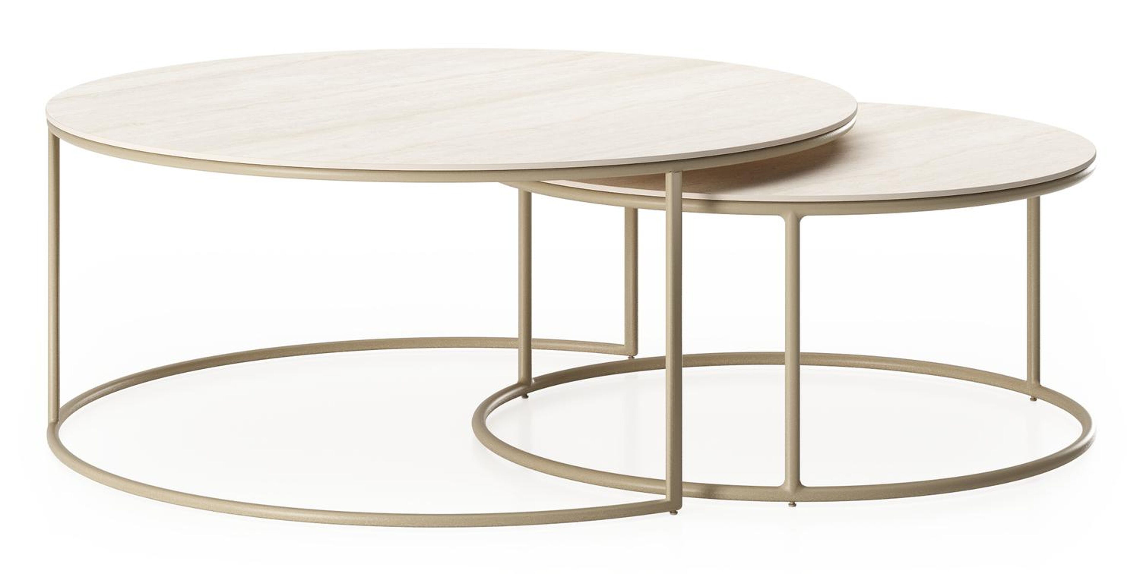 Ensemble de 2 tables d'appoint Fano ronde en aluminium beige et céramique pleine Travertino Bianco - Diam. 85 x Haut. 35 cm