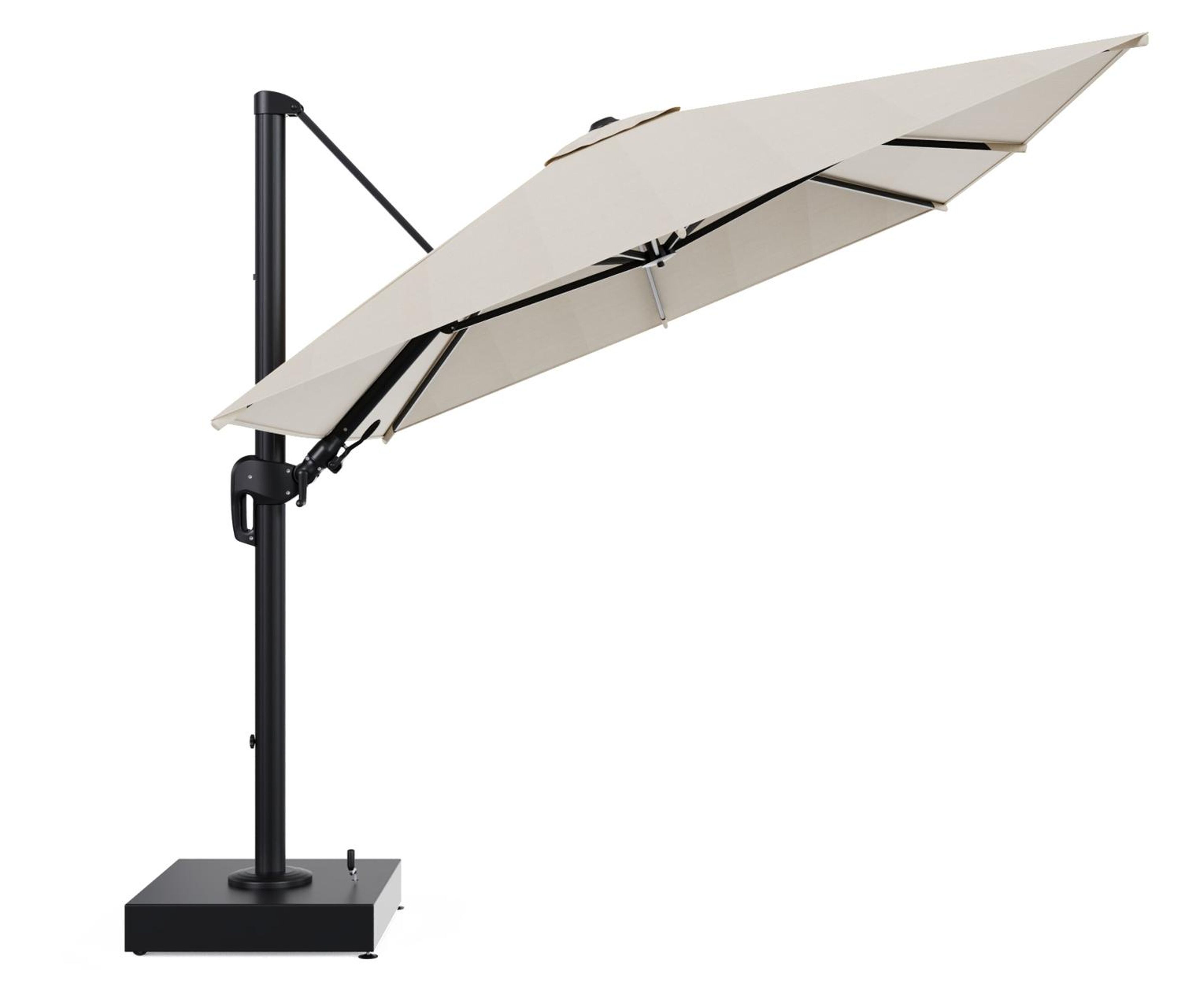 Rufina zweefparasol met tiltfunctie in zwart aluminium en beige All Weather Sunbrella® Premium parasoldoek - L1 350 x L2 250 cm met parasolvoet Minore 150 kg met wielen
