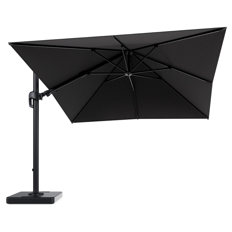 Parasol pendant Rufina avec fonction tilt en aluminium noir et toile de parasol en All Weather Solica Firenze Tunder - Lg.1 300 x Lg.2 300 cm avec pied de parasol Lapido 160 kg