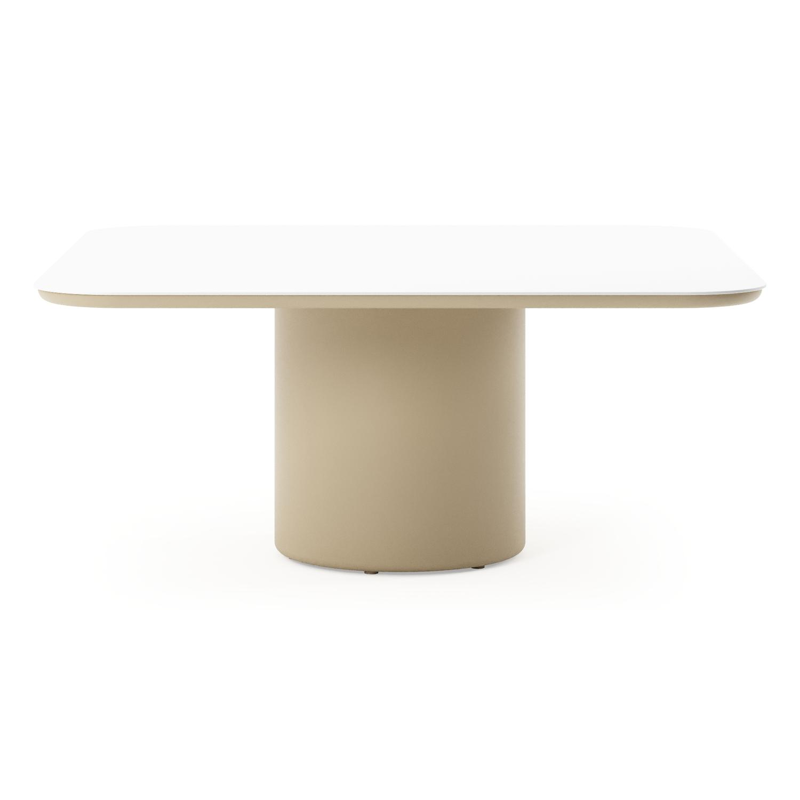 Amico low dining tuintafel afgerond vierkant in beige aluminium en volkeramiek Arctic White - L 148 x B 148 x H 61 cm