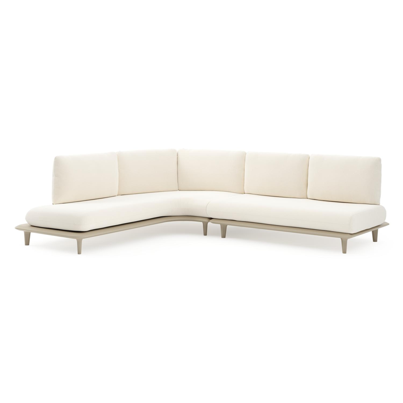 Salon de jardin d'angle Bomero en aluminium beige et coussins en all weather sunbrella® luxe natte white