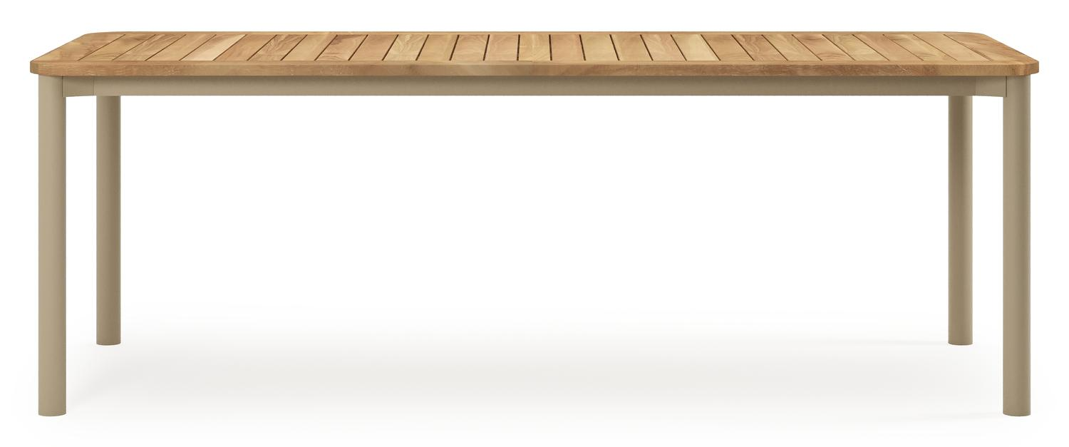 Table de jardin Mira rectangulaire arrondie en aluminium beige et teck finition naturelle - L 220 x L 92 x H 74 cm