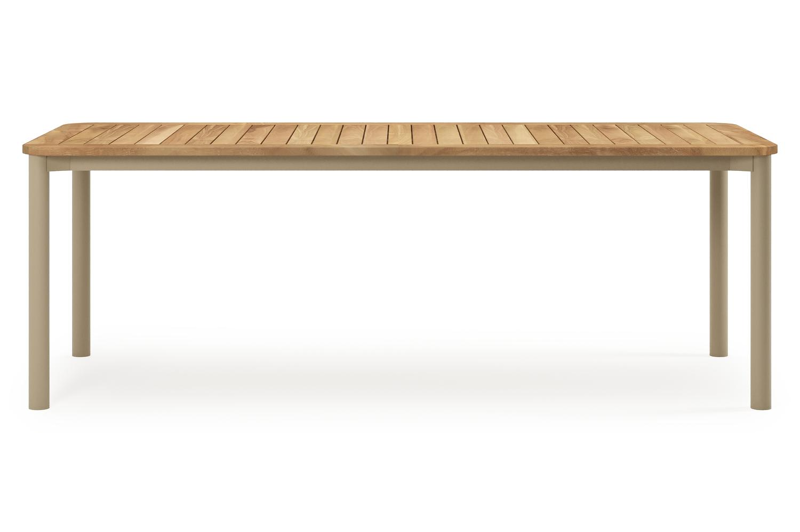 Mira tuintafel rechthoekig afgerond in beige aluminium en teak natural finish - L 220 x B 92 x H 74 cm