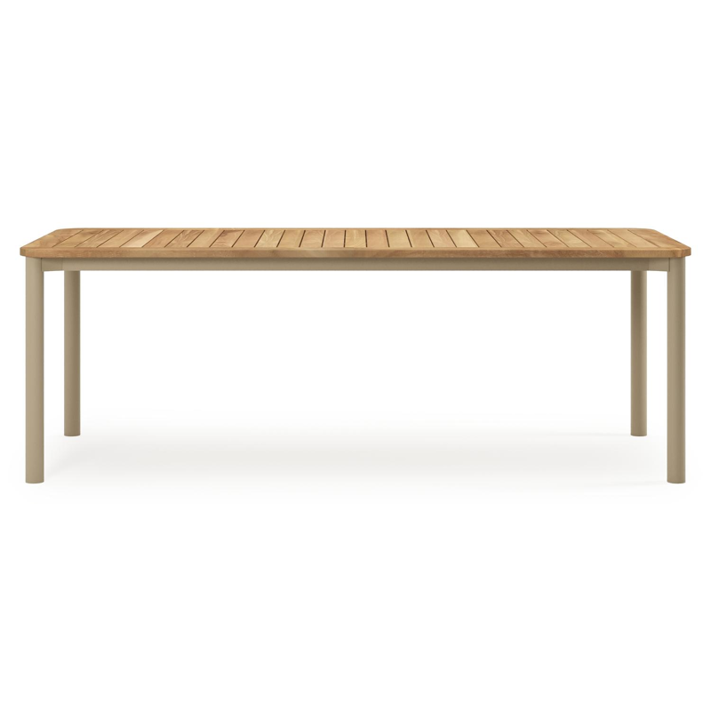 Mira tuintafel rechthoekig afgerond in beige aluminium en teak natural finish - L 220 x B 92 x H 74 cm