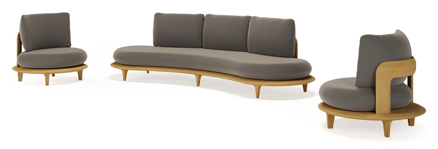 Salon de jardin Bomero en teck et coussins en all weather sunbrella® luxe natte carbon beige