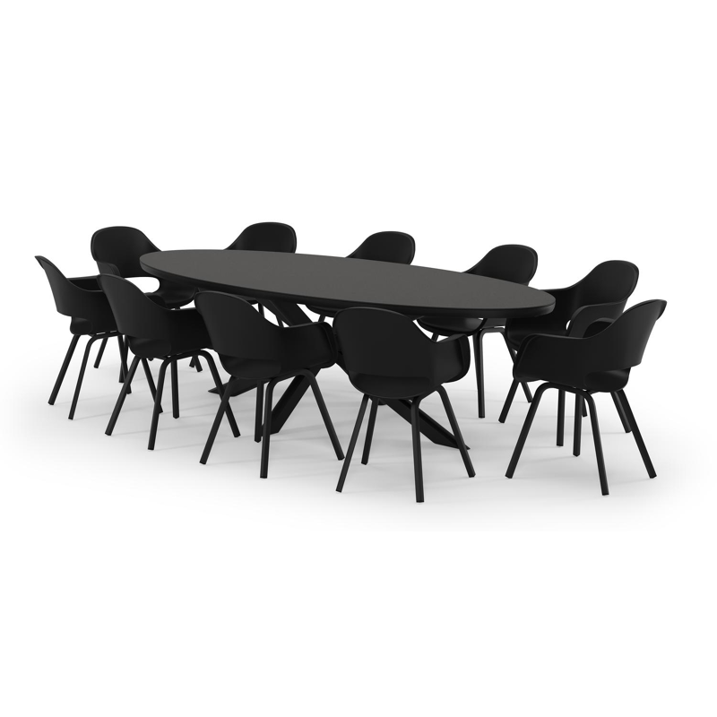 Pamplona ensemble de jardin ovale en aluminium noir en sintered stone notte minerale avec 10 chaises de jardin Artena
