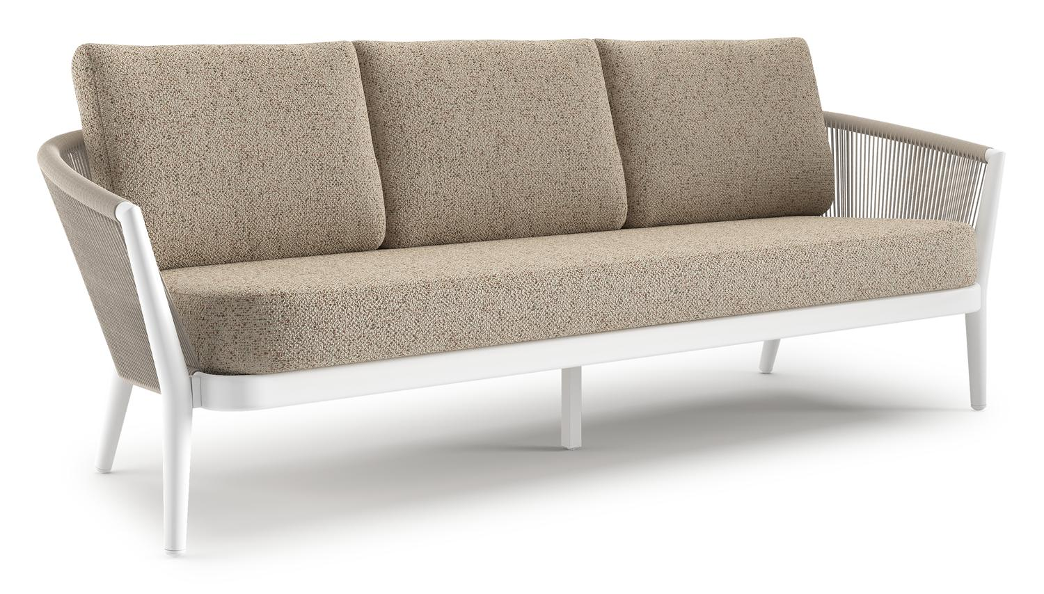 Orso loungebank in wit aluminium en beige verticaal geweven ronde rope met Bora Jungle all weather cosytica kussen