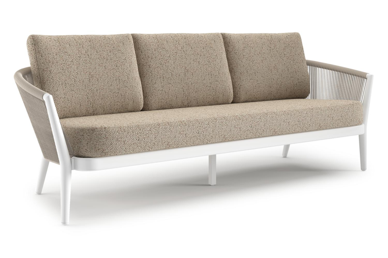 Canapé de jardin Orso en aluminium blanc en corde ronde tissée verticalement beige et coussins en all weather cosytica Bora Jungle