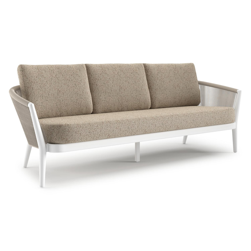 Canapé de jardin Orso en aluminium blanc en corde ronde tissée verticalement beige et coussins en all weather cosytica Bora Jungle