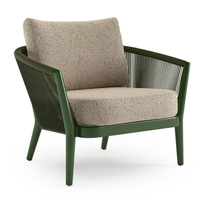 Orso loungestoel in groen aluminium en groen verticaal geweven ronde rope met Bora Jungle all weather cosytica kussen