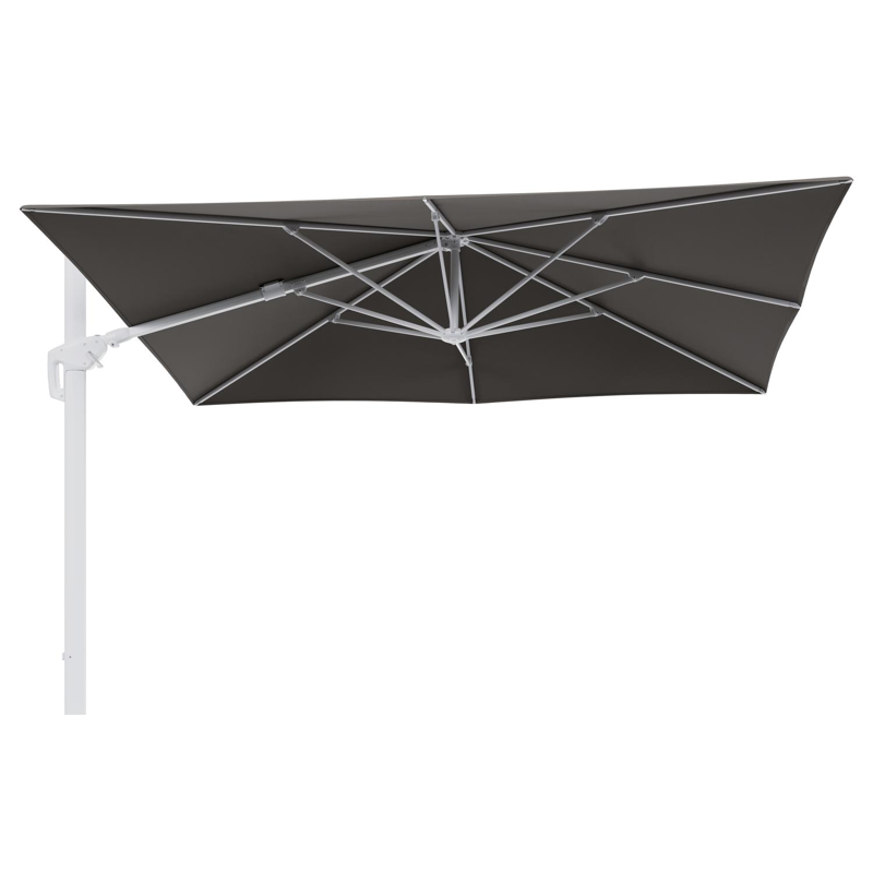 Minore zweefparasol tiltfunctie in wit aluminium en parasoldoek in All Weather Sunbrella® Luxe Natte Carbon Beige  - L1 280 x L2: 370 cm (zonder voet)