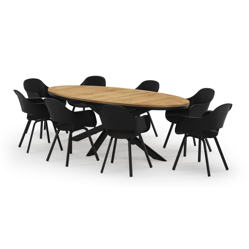 Pamplona ovale tuinset in zwart aluminium en teak natural finish met 8 Artena tuinstoelen