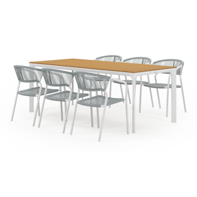 Ensemble de jardin Fina en aluminium blanc avec plateau de table en polywood naturel et 6 chaises de jardin empilables Vigo