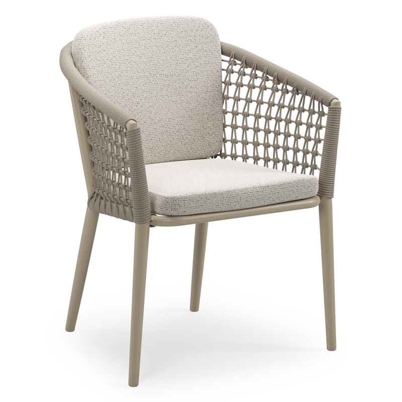 Chaise de jardin empilable Orso en aluminium beige et corde ronde tissée résille beige avec coussin en All Weather Solica Firenze Natural