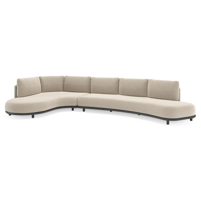 Salon de jardin d'angle Lomano en aluminium noir et corde luxe plate tissée verticalement beige et coussins en all weather cosytica Catania Greige