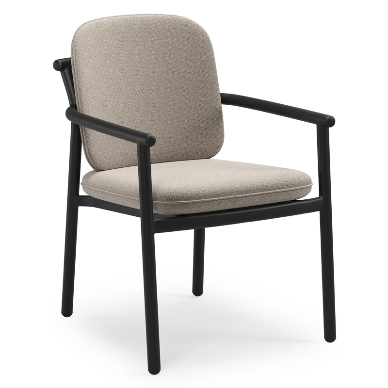 Bono stapelbare tuinstoel in zwart aluminium met stoelkussen in All Weather Sunbrella® Luxe Savane Coconut