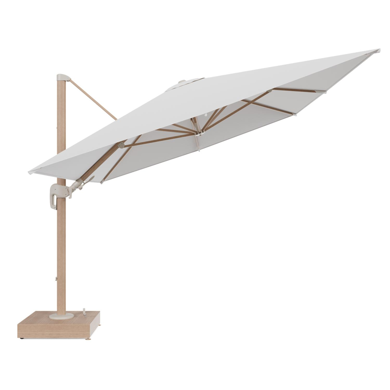 Rufina zweefparasol met tiltfunctie in houtlook aluminium en Soul Optik All Weather Solica parasoldoek - L1 400 x L2 300 cm met parasolvoet Minore 150 kg met wielen