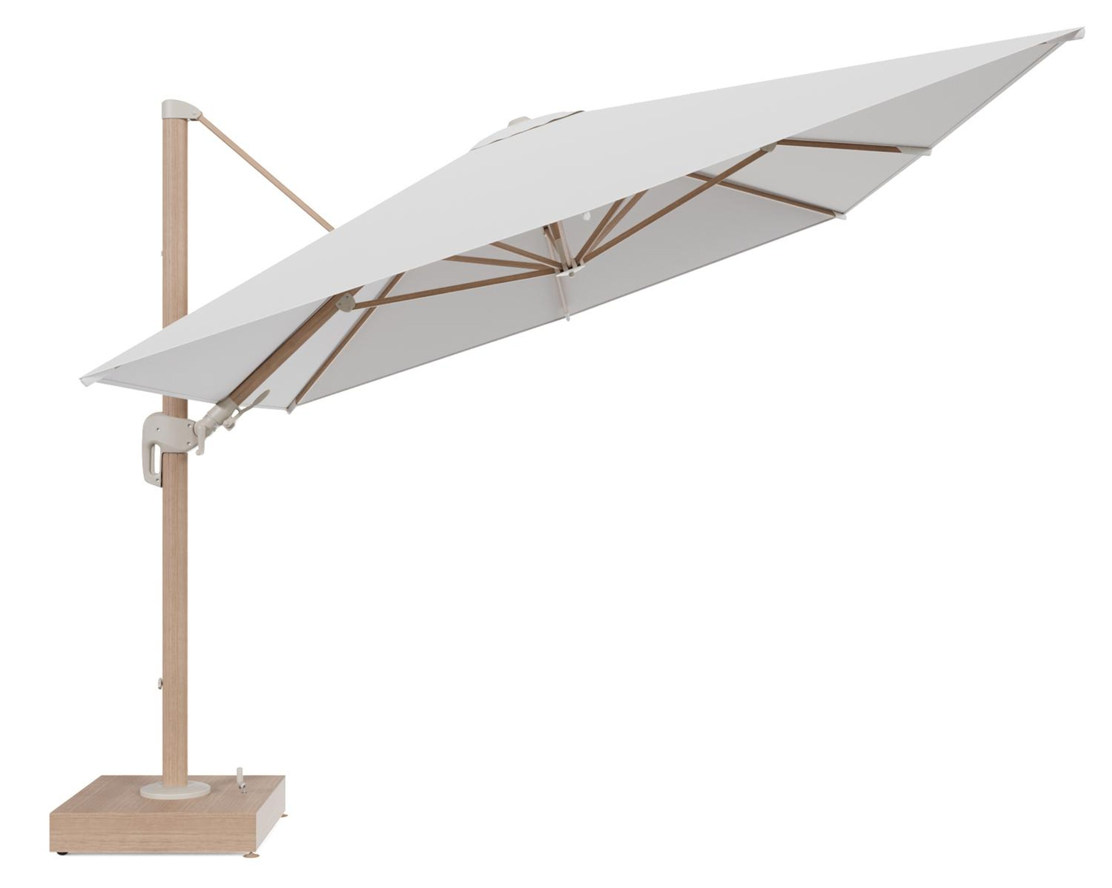 Rufina zweefparasol met tiltfunctie in houtlook aluminium en Soul Optik All Weather Solica parasoldoek - L1 400 x L2 300 cm met parasolvoet Minore 150 kg met wielen