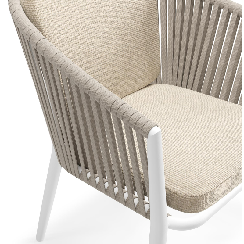 Chaise de jardin Orso en aluminium blanc et corde plate tissée verticalement beige avec coussin en All Weather Cosytica Althea Chalk