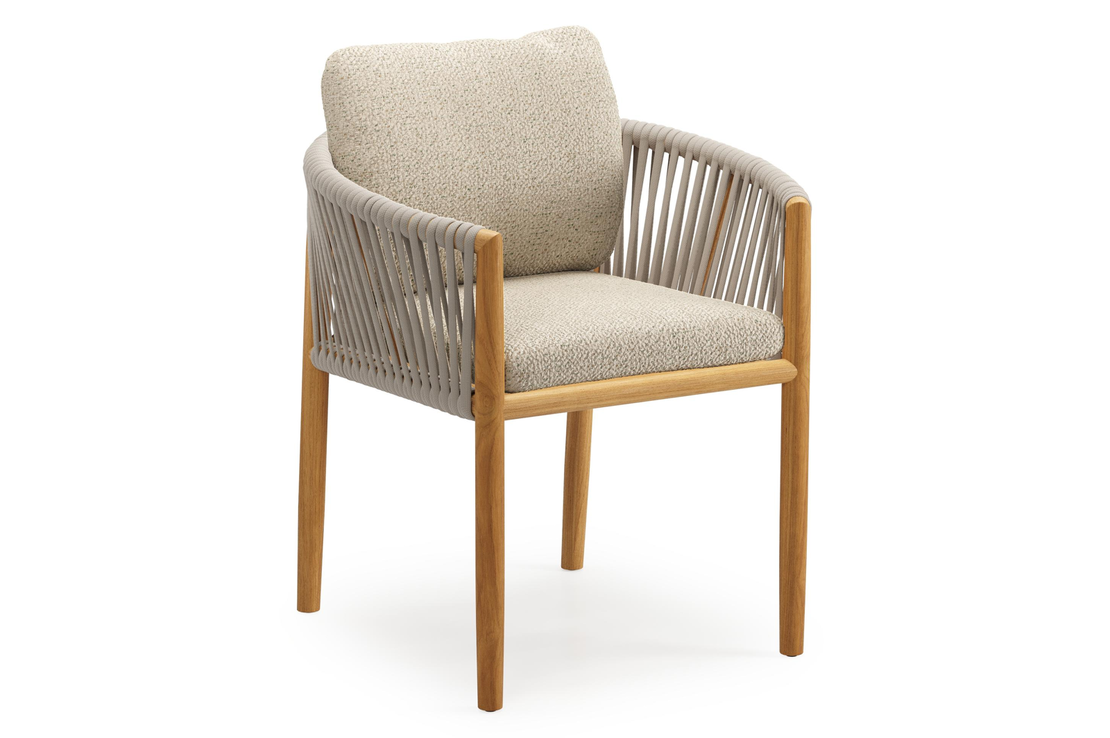 Organo tuinstoel in teak en beige verticaal geweven luxe vlakke rope met zitkussen in All Weather Cosytica Bora Forest