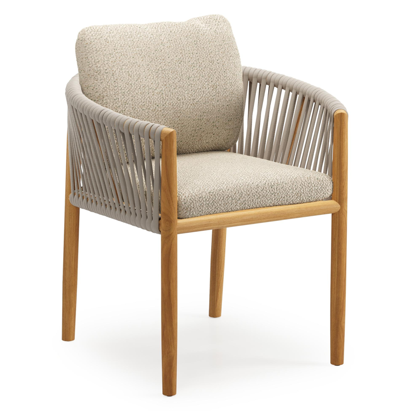 Organo tuinstoel in teak en beige verticaal geweven luxe vlakke rope met zitkussen in All Weather Cosytica Bora Forest