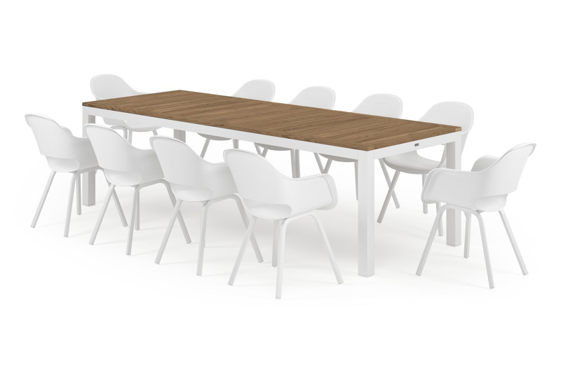 Varese tuinset in wit aluminium en naturel teak tafelblad met 10 Artena tuinstoelen