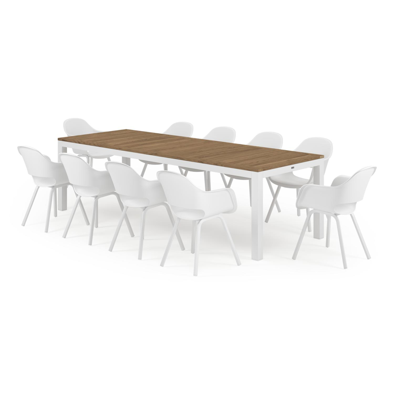 Ensemble de jardin Varese en aluminium blanc avec plateau de table en teck naturel et 10 chaises de jardin Artena