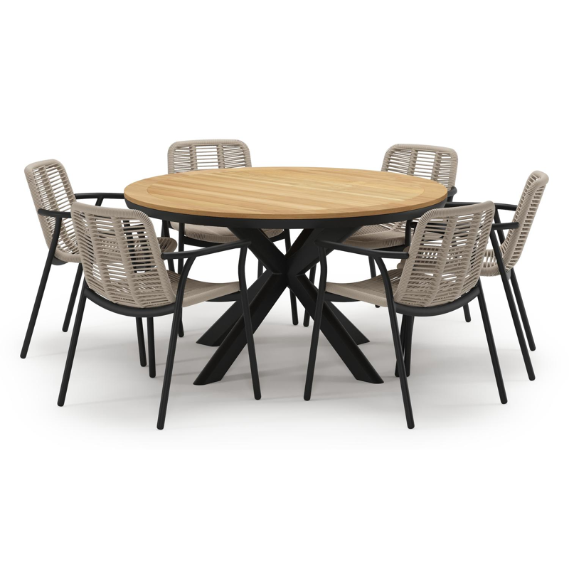 Ensemble de jardin Pamplona en aluminium noir et sintered stone avec 6 chaises de jardin empilable Berga