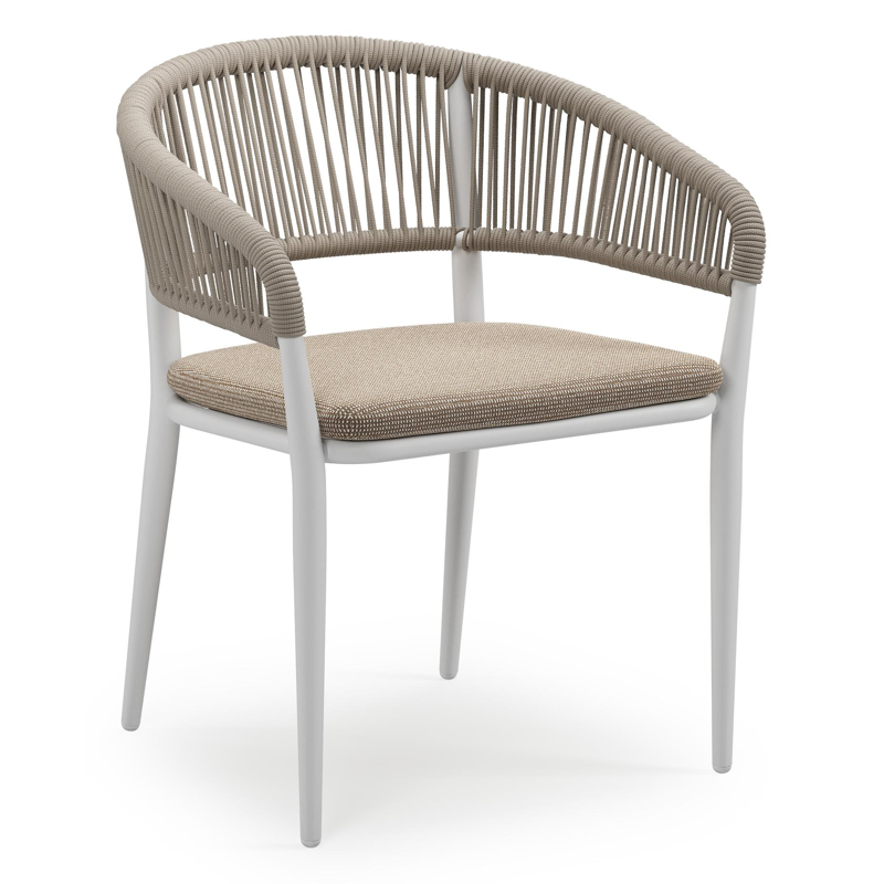 Tolfa stapelbare tuinstoel in wit aluminium en beige verticaal geweven ronde rope met stoelkussen in All Weather Solica Firenze Earth