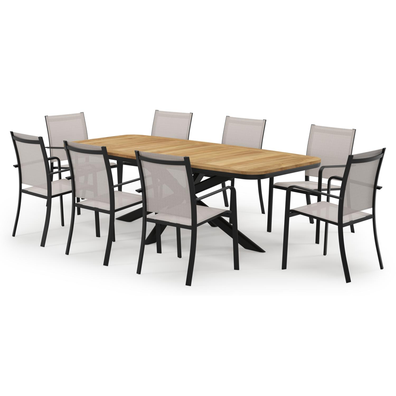 Pamplona bootvormige tuinset in zwart aluminium en teak natural finish met 8 Calobra tuinstoelen