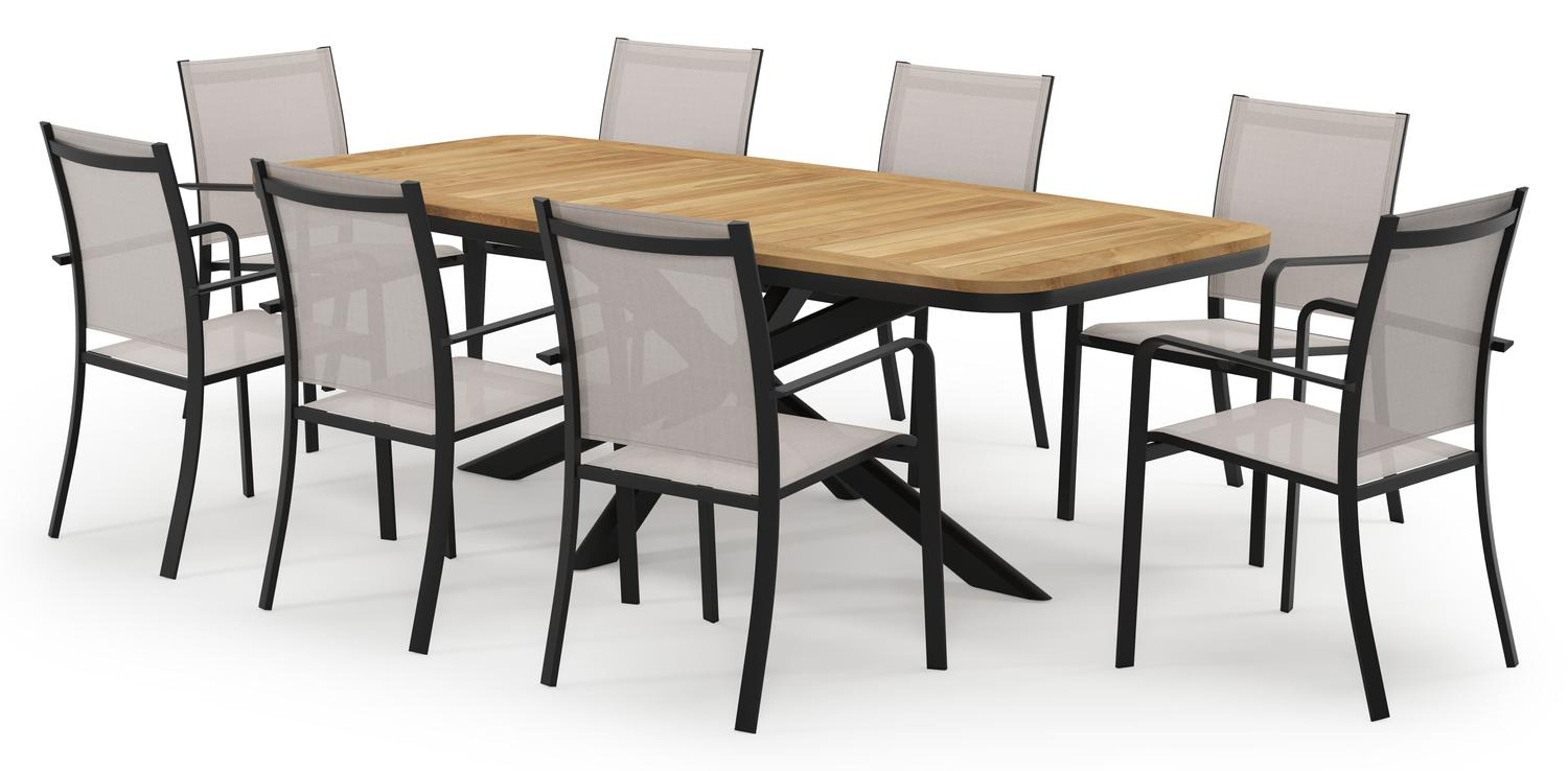 Pamplona bootvormige tuinset in zwart aluminium en teak natural finish met 8 Calobra tuinstoelen