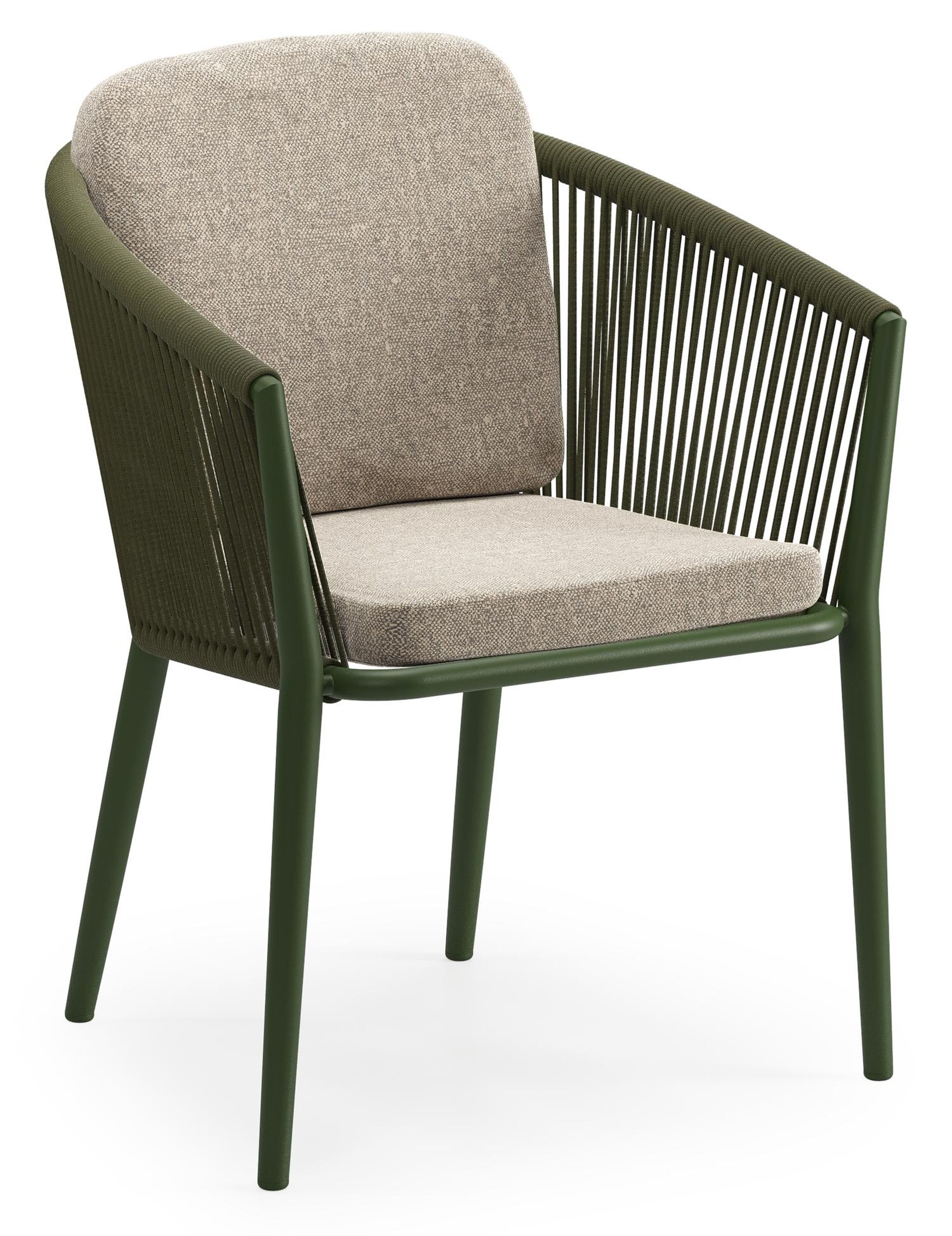 Orso tuinstoel in groen aluminium en groen verticaal geweven ronde rope met luxe zitkussen in All Weather Sunbrella® Luxe Chartres Pewter