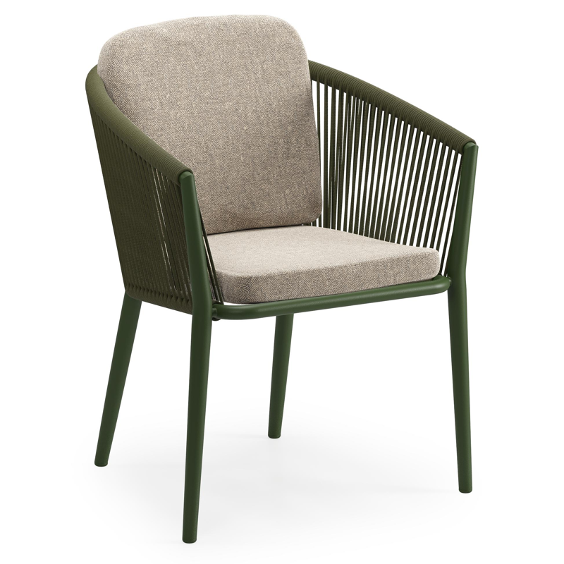 Orso tuinstoel in groen aluminium en groen verticaal geweven ronde rope met luxe zitkussen in All Weather Sunbrella® Luxe Chartres Pewter