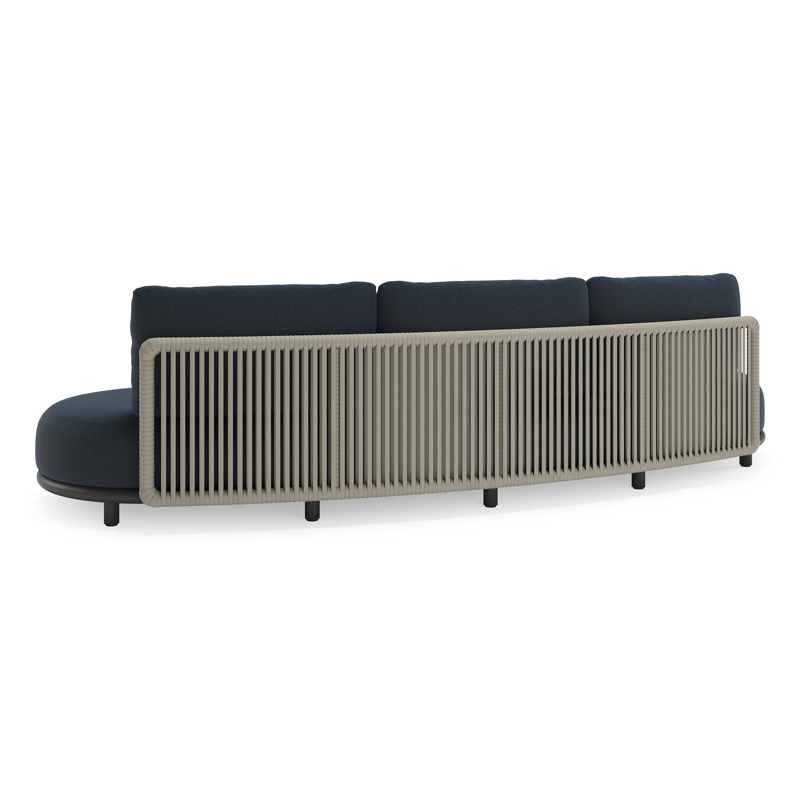 Lomano loungebank in zwart aluminium en beige verticaal geweven luxe vlakke rope met Heritage Indigo All Weather Sunbrella® luxe