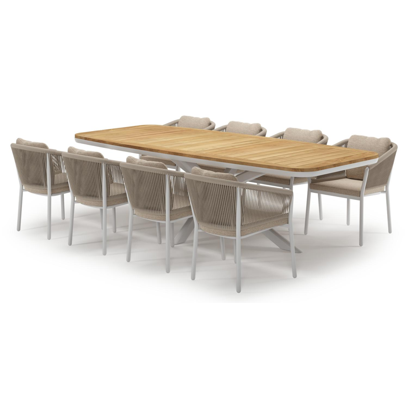 Pamplona tuinset in wit aluminium en teak met 8 Gerona tuinstoelen