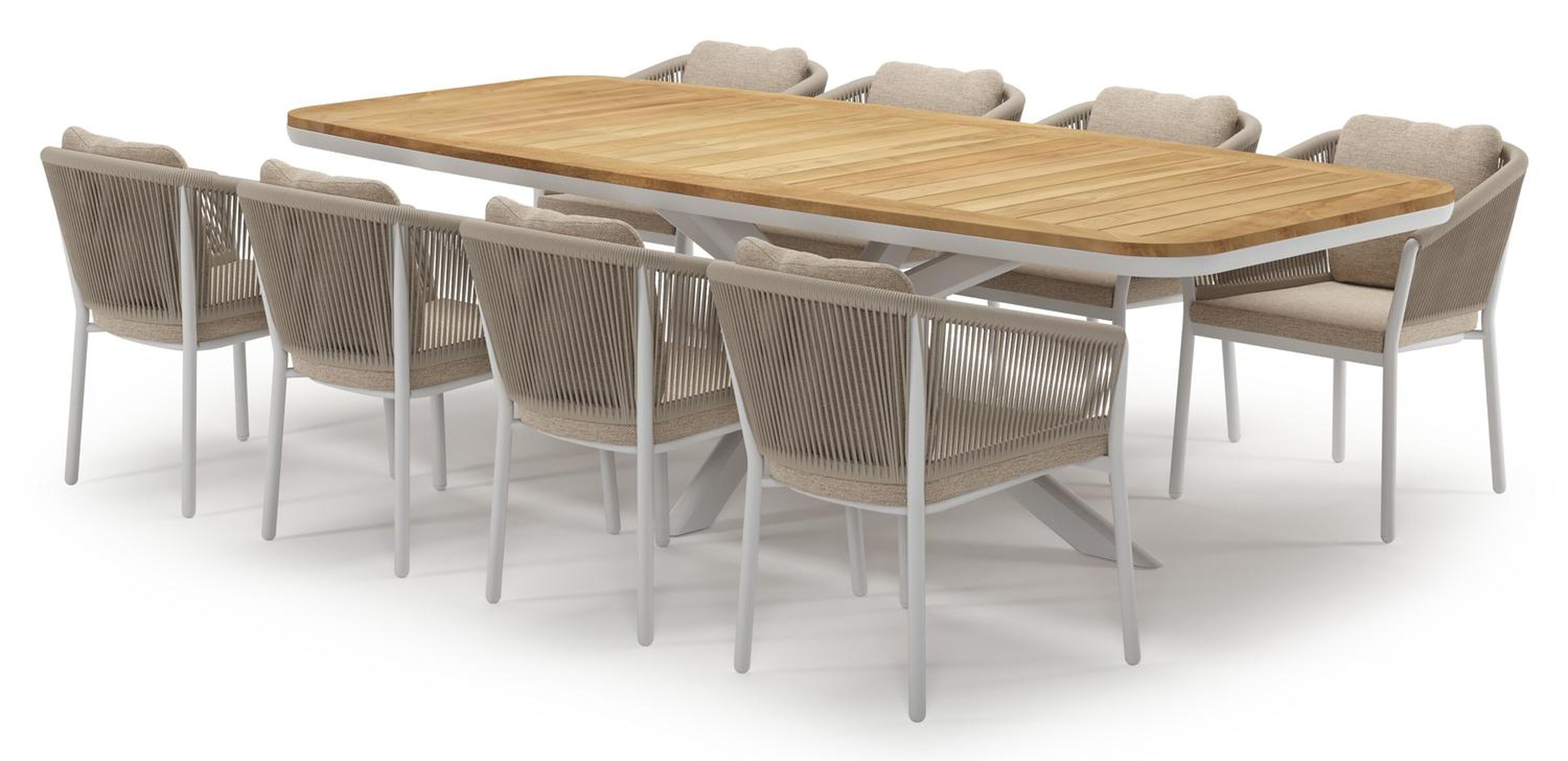 Pamplona tuinset in wit aluminium en teak met 8 Gerona tuinstoelen