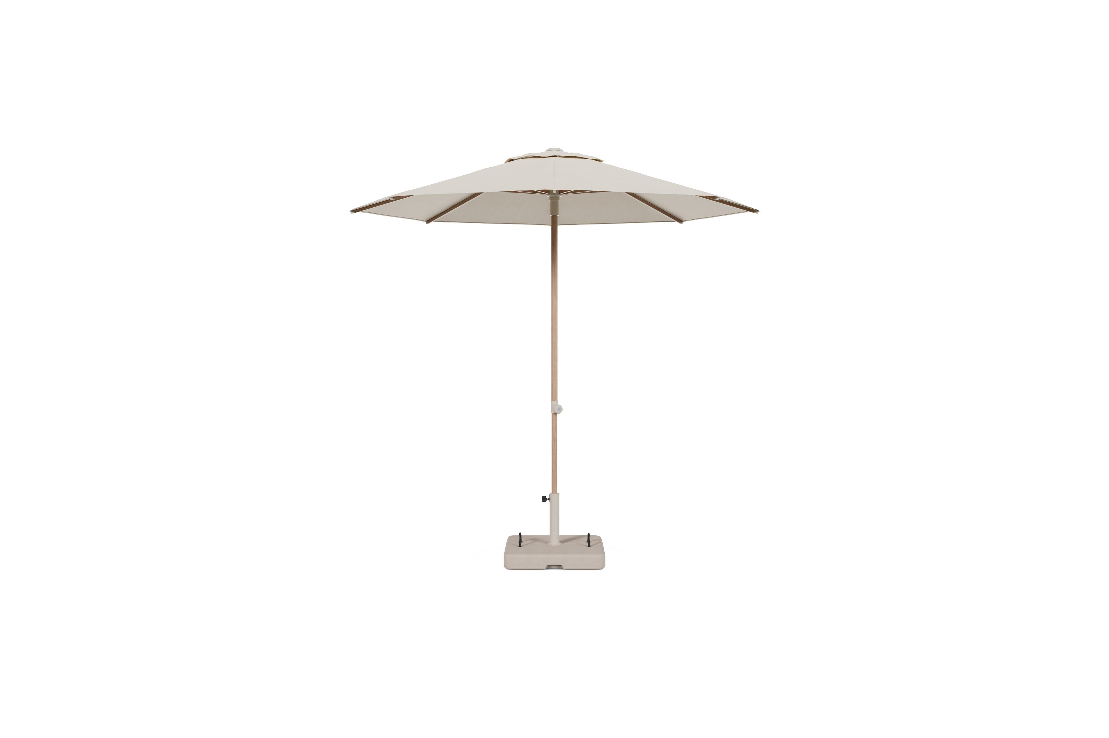 Umbria staanparasol in houtlook aluminium en beige All Weather Sunbrella® Premium parasoldoek - Dia. 250 cm met parasolvoet Intenso 60 kg