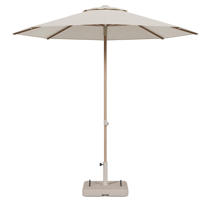 Umbria staanparasol in houtlook aluminium en beige All Weather Sunbrella® Premium parasoldoek - Dia. 250 cm met parasolvoet Intenso 60 kg