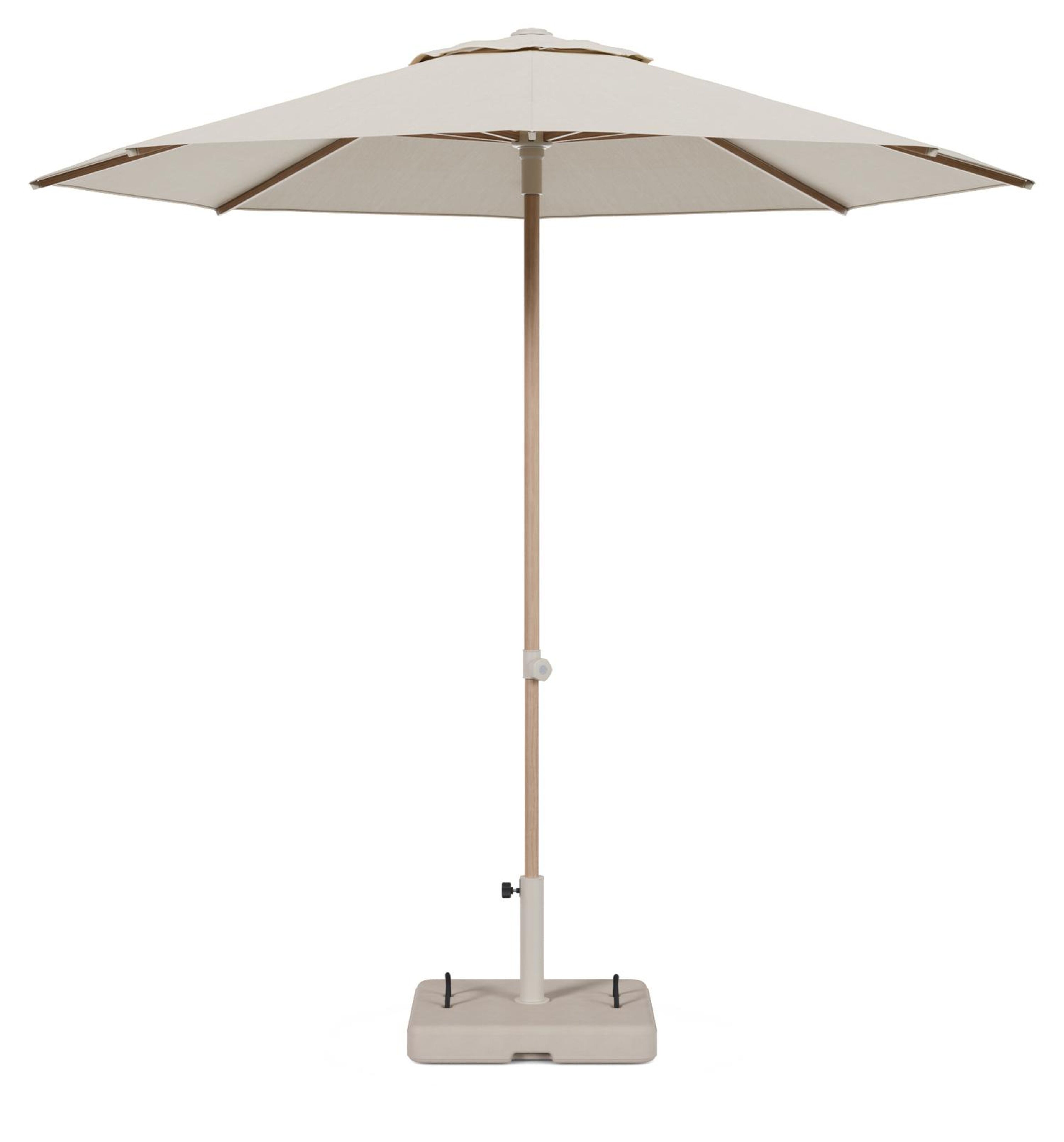 Umbria staanparasol in houtlook aluminium en beige All Weather Sunbrella® Premium parasoldoek - Dia. 250 cm met parasolvoet Intenso 60 kg