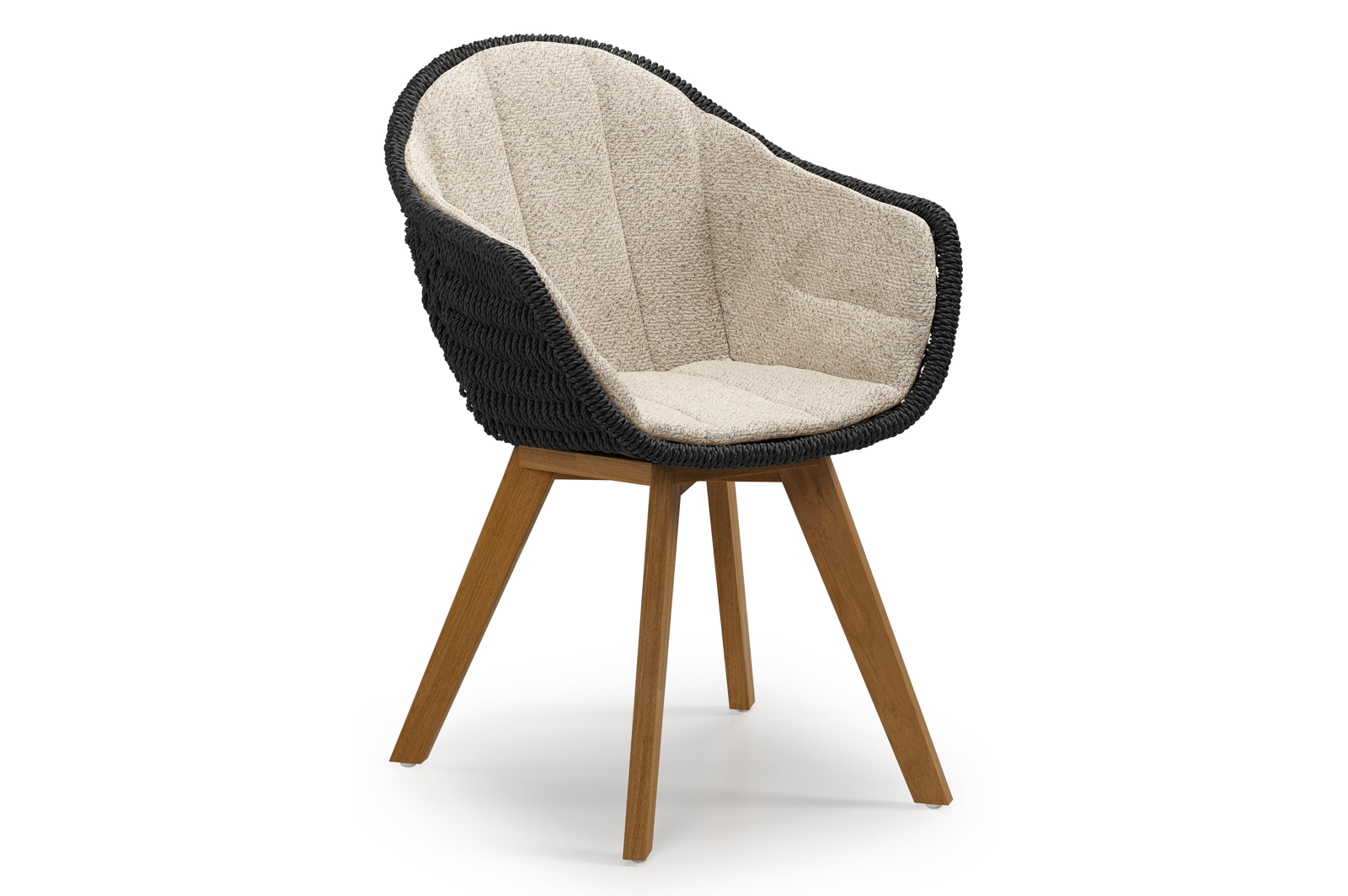 Chaise de jardin Pagino en teck naturel et résine tressée ronde noir avec coussin en All Weather Cosytica Bora Desert