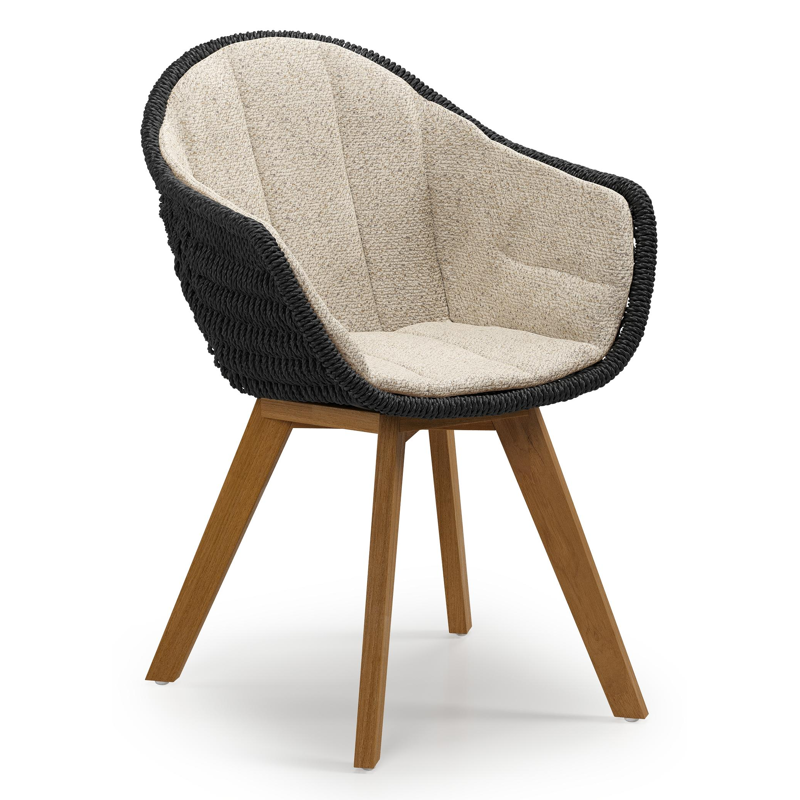 Pagino tuinstoel in teak en zwart ronde wicker met zitkussen in All Weather Cosytica Bora Desert