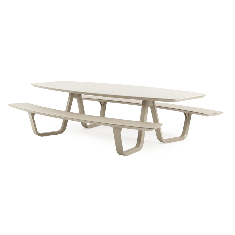 Table de pique-nique Forno forme de bateau en aluminium beige et céramique pleine Shilin - Lg. 280 x Lrg. 192 x Haut. 72 cm