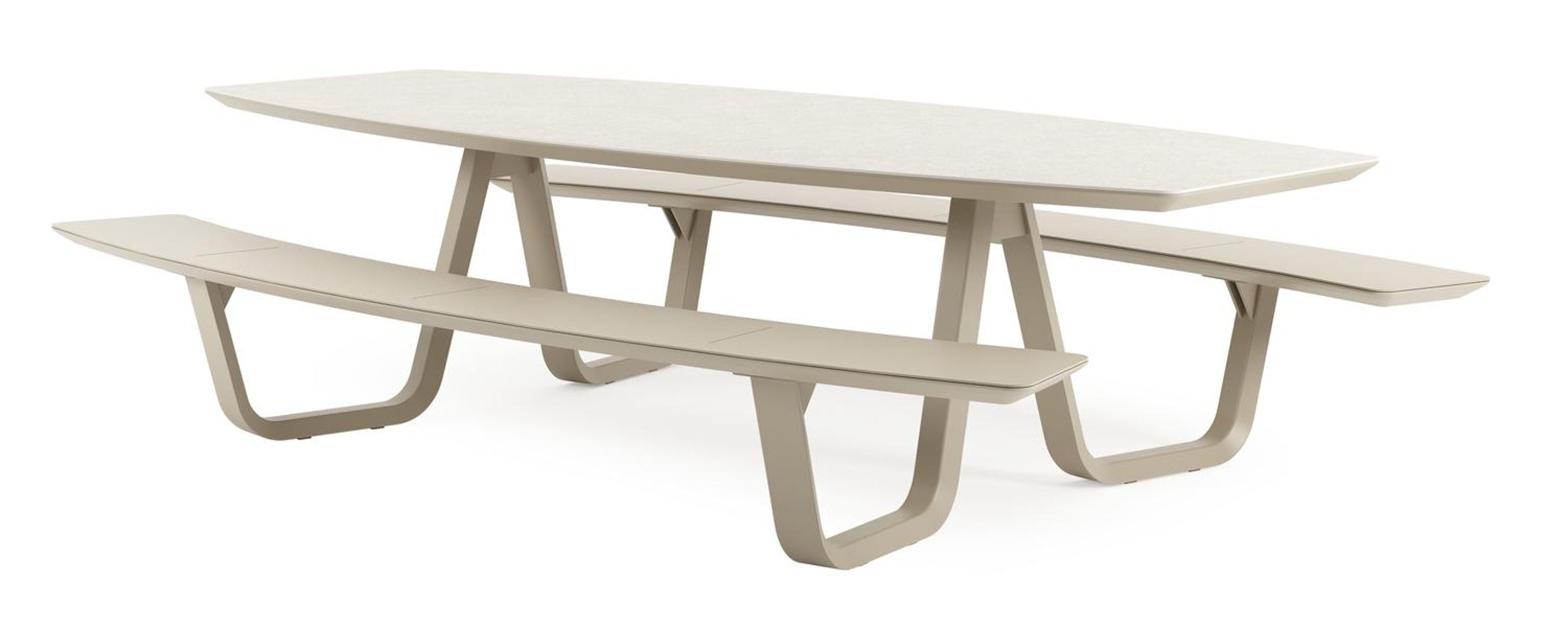 Table de pique-nique Forno forme de bateau en aluminium beige et céramique pleine Shilin - Lg. 280 x Lrg. 192 x Haut. 72 cm