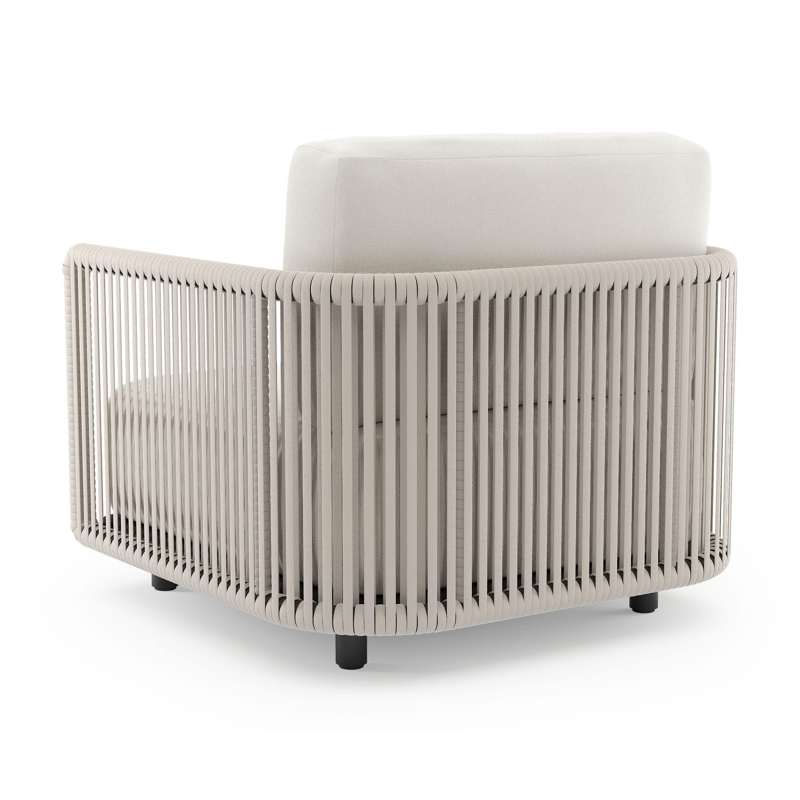 Organo loungestoel in zwart aluminium en beige verticaal geweven luxe vlakke rope met savane white all weather Sunbrella® luxe kussen